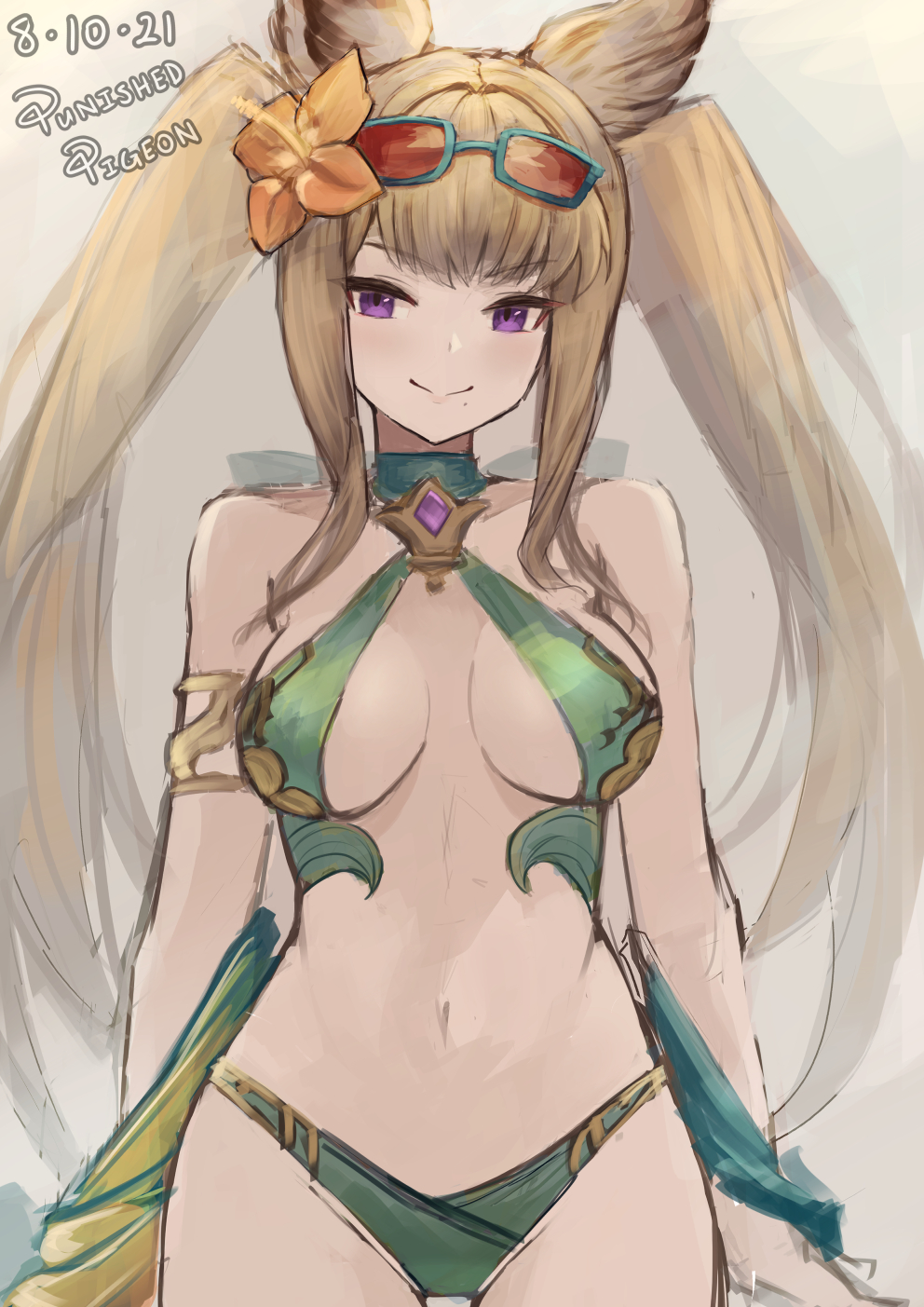 1girl animal_ears armlet bare_arms bare_shoulders bikini blonde_hair breasts closed_mouth cowboy_shot erune eyewear_on_head flower granblue_fantasy green_bikini hair_flower hair_ornament halterneck hibiscus highres long_hair looking_at_viewer medium_breasts metera_(granblue_fantasy) mole mole_under_mouth navel punished_pigeon smile solo stomach sunglasses swimsuit twintails very_long_hair violet_eyes