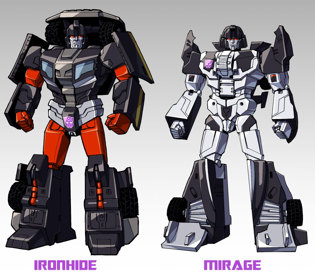 2boys autobot casey_w._coller character_name clenched_hands collaboration dyemooch english_commentary gradient gradient_background ironhide looking_at_viewer mecha mirage_(transformers) multiple_boys no_humans red_eyes science_fiction standing transformers transformers_shattered_glass