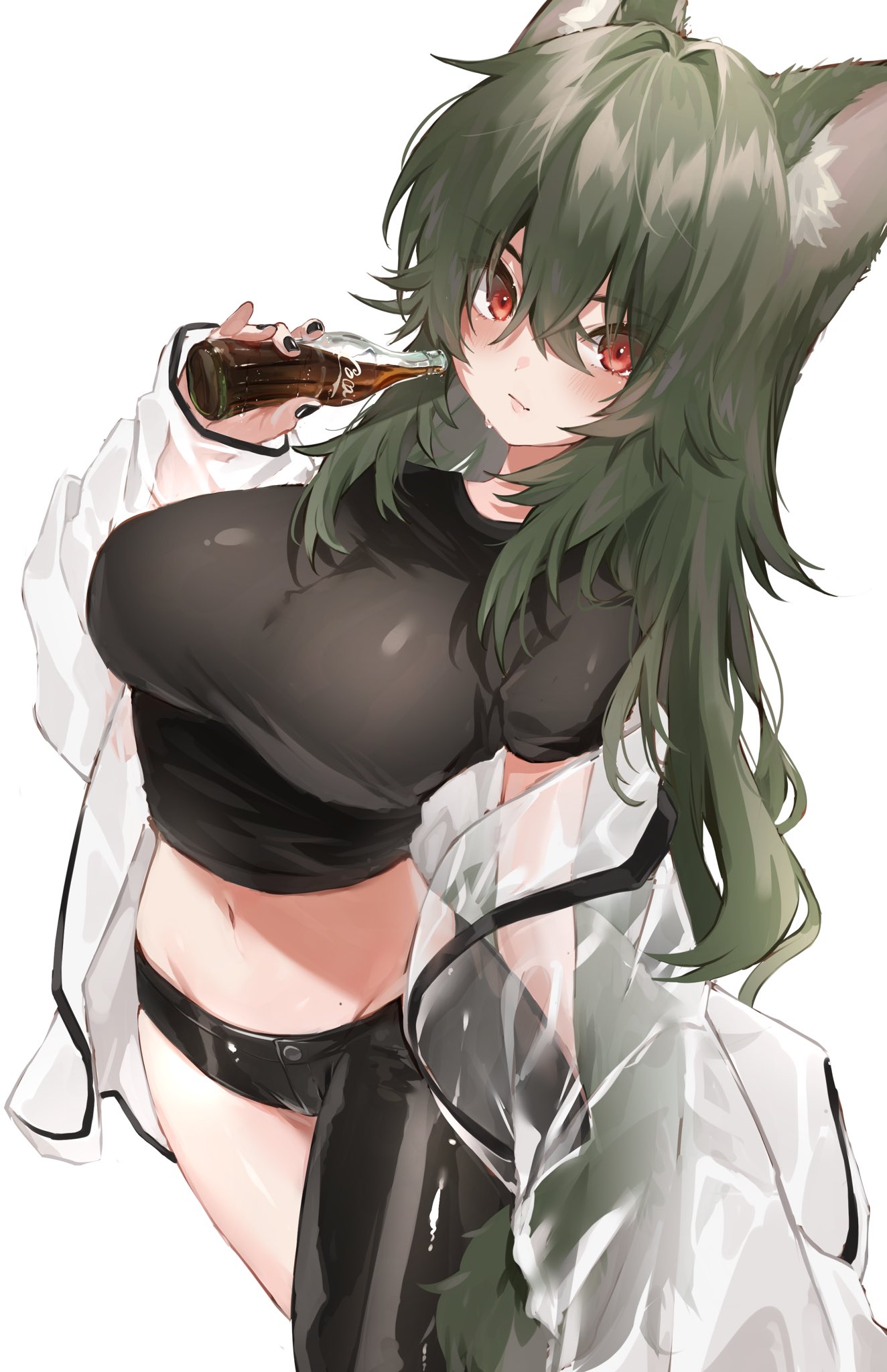 1girl animal_ear_fluff animal_ears asymmetrical_clothes asymmetrical_legwear bangs black_nails black_shirt blush bottle breasts character_request closed_mouth cola commentary copyright_request cowboy_shot crop_top crossed_bangs eyebrows_visible_through_hair fingernails green_hair hair_between_eyes harui_(hr_x9_) highres holding holding_bottle jacket large_breasts long_hair long_sleeves looking_at_viewer messy_hair midriff nail_polish navel red_eyes see-through see-through_jacket shiny shiny_clothes shiny_legwear shirt short_sleeves simple_background single_pantsleg soda_bottle solo stomach symbol-only_commentary t-shirt tail taut_clothes taut_shirt very_long_hair white_background white_jacket