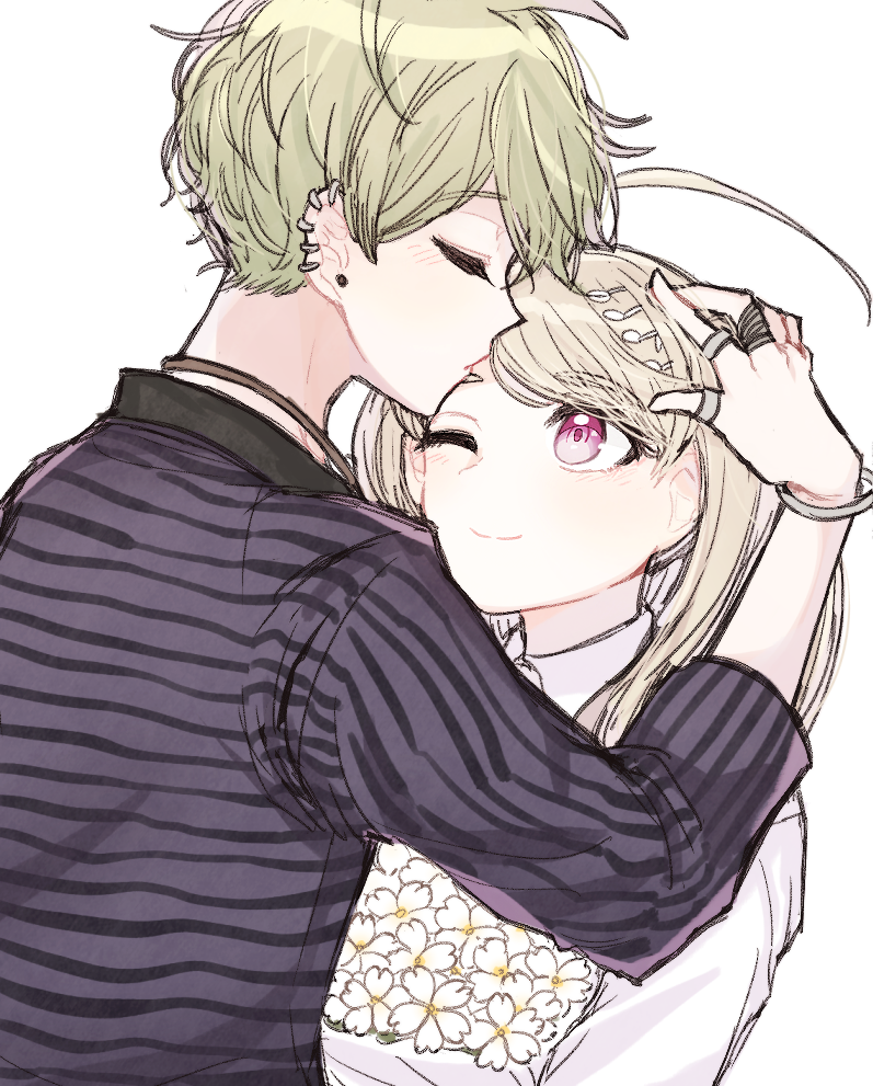 1boy 1girl ahoge akamatsu_kaede amami_rantarou bangs blonde_hair bouquet bracelet closed_eyes closed_mouth commentary_request couple dangan_ronpa_(series) dangan_ronpa_v3:_killing_harmony earrings eyebrows_visible_through_hair fc_(efushii) flower forehead_kiss from_side hair_ornament hand_up height_difference hetero holding holding_flower jewelry kiss long_hair long_sleeves looking_at_another messy_hair musical_note_hair_ornament necklace one_eye_closed pink_eyes ring shirt short_hair simple_background smile striped thumb_ring upper_body white_background white_flower white_shirt