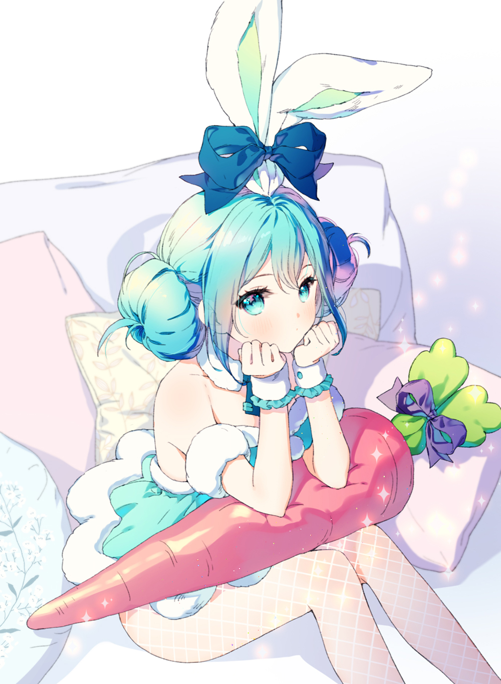1girl animal_ears aqua_hair arm_support bare_shoulders bicute_bunnies_miku black_ribbon blurry blurry_background carrot_pillow couch dot_nose double_bun elbow_rest expressionless eyelashes fake_animal_ears feet_out_of_frame fishnet_legwear fishnets floral_print food-themed_pillow frilled_cuffs frills from_above fur_trim hair_between_eyes hatsune_miku head_rest highres leaf_print light_blush light_particles looking_at_viewer looking_up on_couch parted_lips pillow pom_pom_(clothes) rabbit_ears ribbon rumi_(rarumi11) shadow shiny shiny_hair sideways_glance sitting solo sparkle stuffed_toy translucent_hair vocaloid wrist_cuffs