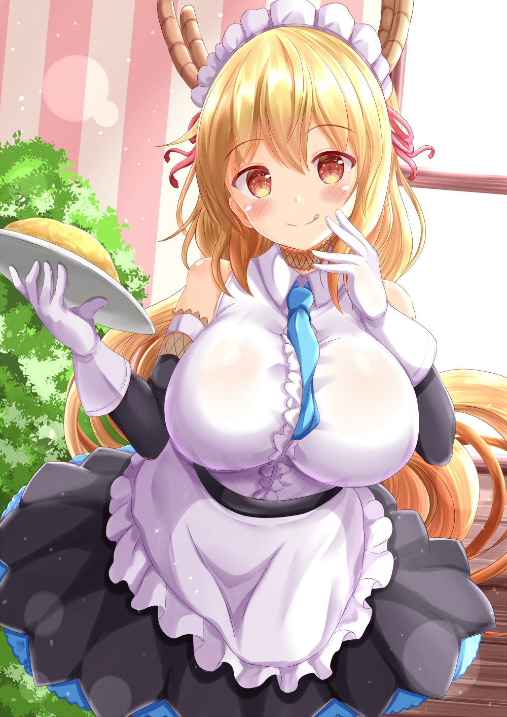 1girl :q apron bangs black_skirt black_sleeves blonde_hair blue_neckwear blush breasts closed_mouth commentary_request detached_sleeves dragon_horns eyebrows_visible_through_hair frilled_apron frills gloves hair_between_eyes hair_ribbon highres holding holding_tray horns indoors kobayashi-san_chi_no_maidragon large_breasts long_hair long_sleeves maid maid_headdress pink_ribbon red_eyes ribbon shirt skirt sleeveless sleeveless_shirt smile solo tohru_(maidragon) tongue tongue_out tray very_long_hair waist_apron white_apron white_gloves white_shirt window zenon_(for_achieve)