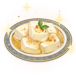 almond_tofu_(genshin_impact) artist_request commentary english_commentary food food_focus genshin_impact leaf lowres mint no_humans official_art plate sparkle still_life third-party_source tofu transparent_background