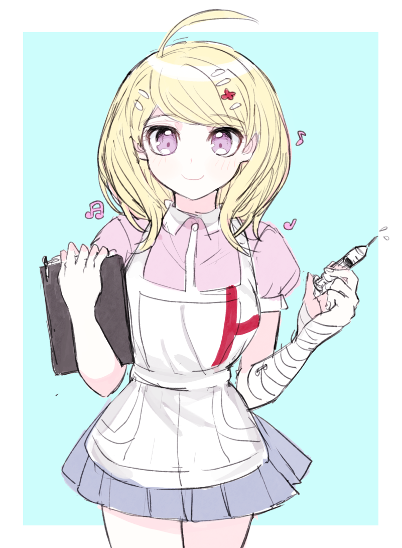1girl akamatsu_kaede alternate_hair_ornament apron bangs blush breasts closed_mouth commentary_request cosplay cowboy_shot dangan_ronpa_(series) dangan_ronpa_2:_goodbye_despair dangan_ronpa_v3:_killing_harmony eighth_note fc_(efushii) green_background heart holding holding_notepad holding_syringe large_breasts long_hair looking_at_viewer miniskirt musical_note notepad nurse pink_eyes pink_shirt pleated_skirt puffy_short_sleeves puffy_sleeves shirt short_sleeves simple_background skirt smile solo syringe tsumiki_mikan tsumiki_mikan_(cosplay) white_apron white_background