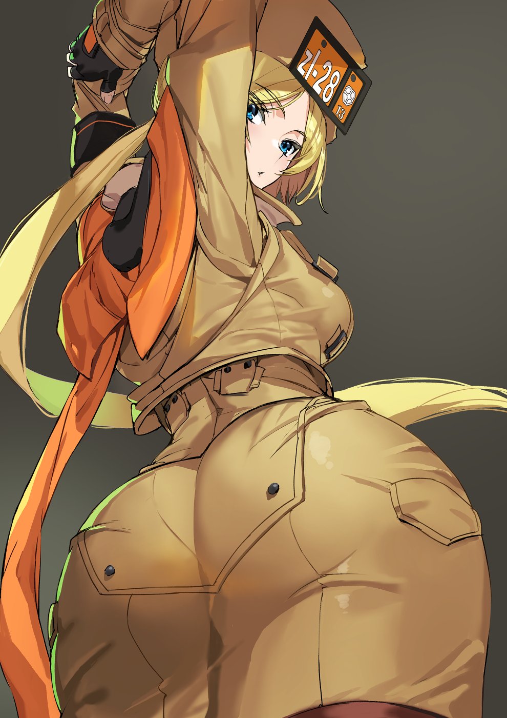 1girl arms_up ashiomi_masato ass black_gloves blonde_hair blue_eyes coat fingerless_gloves from_behind from_below fur_hat gloves guilty_gear guilty_gear_strive hat highres long_hair millia_rage tight_clothing ushanka very_long_hair yellow_coat