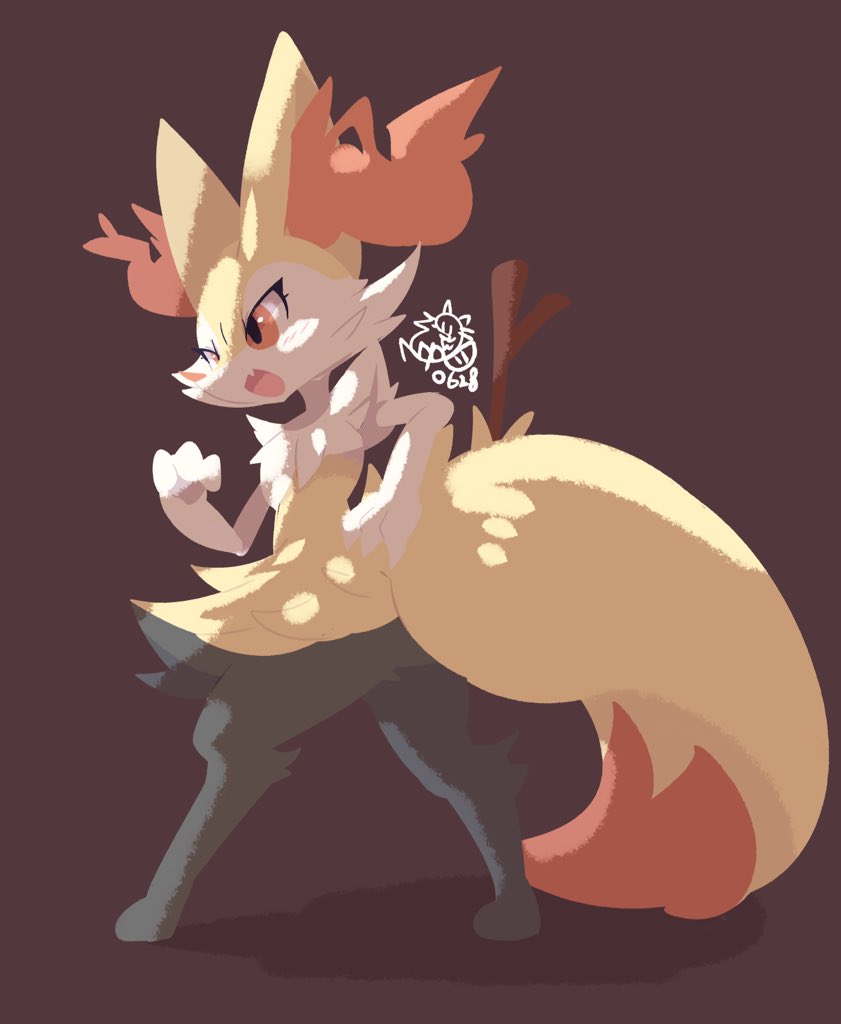 animal_ear_fluff animal_ears blush braixen brown_background dated fang fox_ears fox_tail from_behind furry gen_6_pokemon hand_on_hip hand_up looking_away orange_eyes pokemon pokemon_(game) pokemon_xy profile red_nose shiongaze signature simple_background skin_fang solo stick symbol-only_commentary tail tsurime