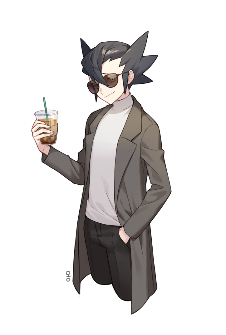1boy alternate_costume bangs brown-framed_eyewear closed_mouth coat cowboy_shot cup disposable_cup drinking_straw hair_between_eyes hand_in_pocket hand_up holding male_focus mongguri open_clothes open_coat pants pokemon pokemon_(game) pokemon_bw short_hair simple_background smile solo spiky_hair sunglasses white_background