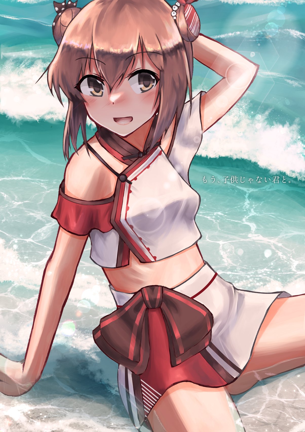 1girl brown_eyes brown_hair chinese_clothes commentary_request cowboy_shot double_bun highres kantai_collection looking_at_viewer midriff multicolored multicolored_clothes owada_(kousonhuchi) ribs shirt short_hair sitting skirt sleeveless sleeveless_shirt solo tan_yang_(kancolle) waves white_skirt yukikaze_(kancolle)