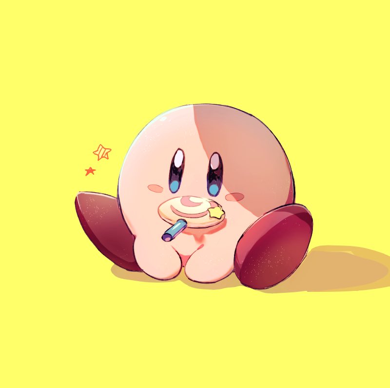 blue_eyes blush blush_stickers candy eating food full_body jpeg_artifacts kirby kirby_(series) lollipop mouth_hold nao_(naaa_195) no_humans simple_background sitting solo star_(symbol) yellow_background