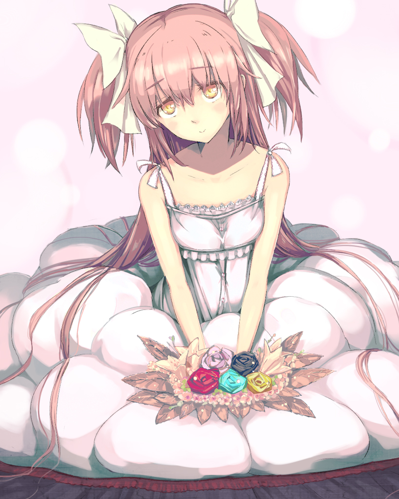 1girl :&gt; alternate_costume aqua_flower aqua_rose bare_arms black_flower black_rose blush bouquet breasts bubble_skirt bud buttons closed_mouth collarbone dress eyebrows_visible_through_hair flower frills furrowed_brow goddess_madoka hair_between_eyes hair_ribbon half-closed_eyes hands_on_lap head_tilt holding holding_bouquet kaname_madoka leaf light_smile long_dress long_hair looking_up mahou_shoujo_madoka_magica pink_background pink_flower pink_hair polka_dot polka_dot_background purple_flower purple_rose red_flower red_rose ribbon rose simple_background skirt sleeveless sleeveless_dress small_breasts solo spaghetti_strap straight_hair tandemu two_side_up v_arms very_long_hair white_dress white_flower white_ribbon yellow_eyes yellow_flower yellow_rose
