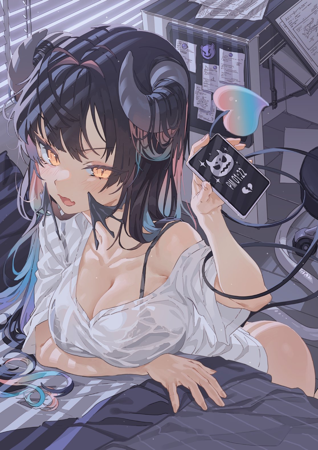 1girl arm_under_breasts bangs bed black_bra black_hair blinds blue_hair blush bra bra_through_clothes breasts cellphone collarbone commentary_request demon_girl demon_horns demon_tail eyebrows_visible_through_hair fang gradient_hair hair_on_horn head_wings highres holding holding_phone hong horns indoors large_breasts long_hair looking_at_viewer multicolored_hair off_shoulder open_mouth original phone pillow pink_hair shirt short_sleeves single_bare_shoulder skin_fang slit_pupils smartphone solo tail tail_around_arm tail_raised underwear v-shaped_eyebrows white_shirt yellow_eyes