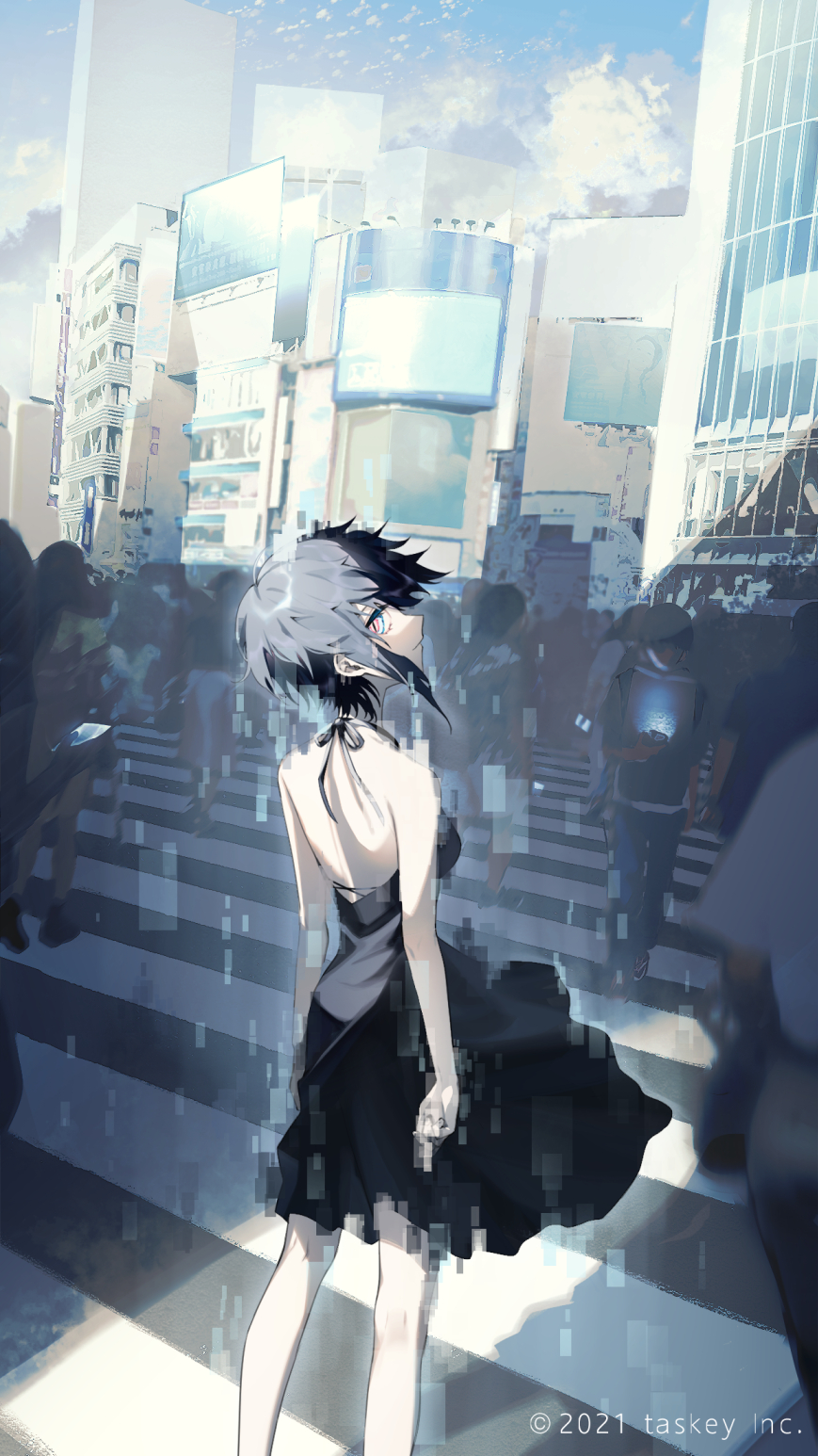 1girl arms_at_sides backless_outfit black_dress black_hair blue_eyes cellphone city commentary_request copyright_request crosswalk crowd dress grey_hair haizome_senri highres looking_at_viewer looking_back multicolored multicolored_eyes multicolored_hair official_art orange_eyes original phone short_hair slit_pupils smartphone static two-tone_hair