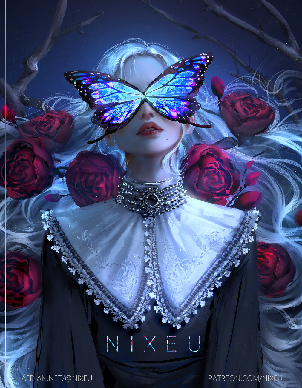 1girl artist_name bangs blonde_hair blue_butterfly brooch bug butterfly covered_eyes floating_hair flower gradient gradient_background green_hair highres insect jewelry long_hair mole mole_under_mouth nixeu original red_flower red_lips red_rose rose solo tree upper_body watermark web_address