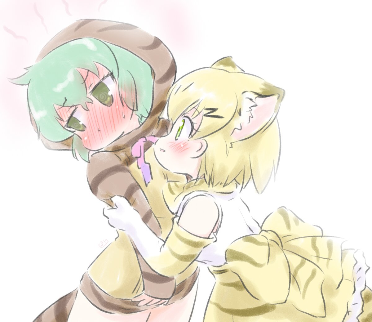 2girls @_@ animal_ears animal_print back_bow bare_shoulders blonde_hair blush bow bowtie cat_ears cat_girl cat_print cat_tail commentary_request elbow_gloves extra_ears eyebrows_visible_through_hair full-face_blush gloves green_eyes green_hair high-cut_armor hood hood_up hoodie hug kemono_friends long_sleeves multiple_girls print_bow print_gloves print_hoodie print_neckwear print_skirt sand_cat_(kemono_friends) shirt short_hair short_sleeves skirt sleeveless snake_print snake_tail t-shirt tail tsuchinoko_(kemono_friends) uho_(uhoyoshi-o) white_shirt