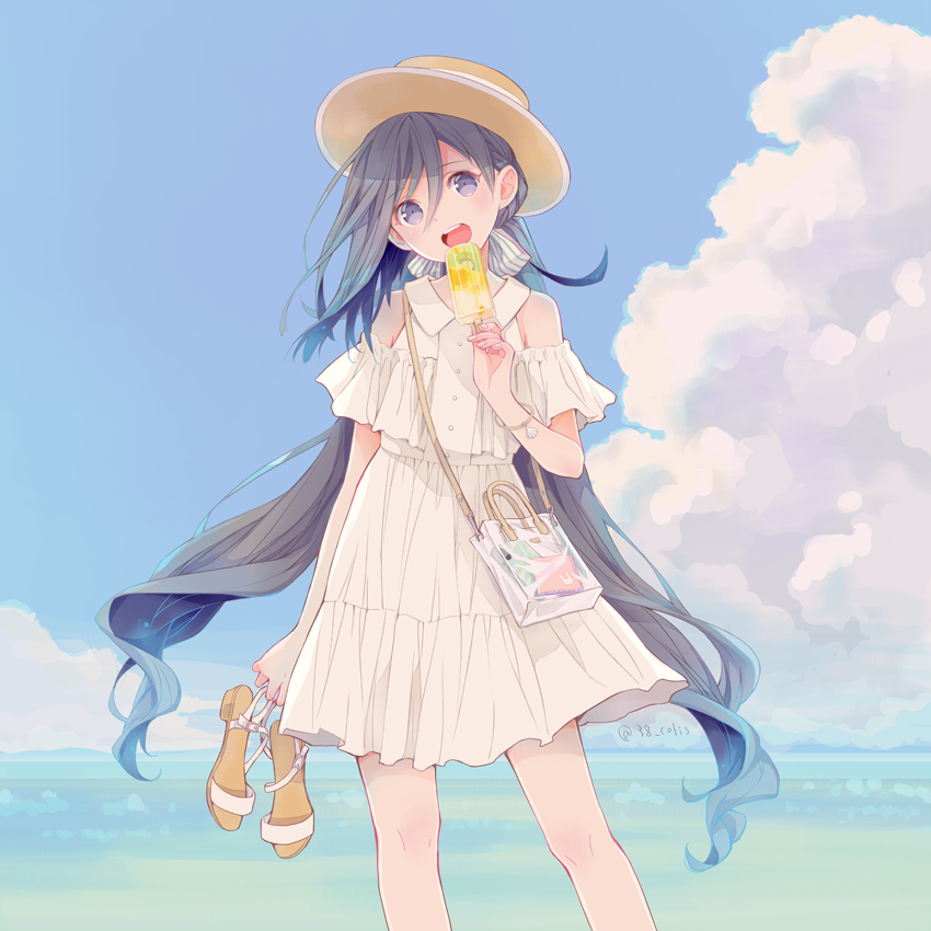 1girl ahoge bag blue_sky clouds colis commentary_request day dress feet_out_of_frame food grey_eyes grey_hair hair_between_eyes hair_bun hat horizon kantai_collection kiyoshimo_(kancolle) long_hair looking_at_viewer low_twintails ocean open_mouth outdoors popsicle shoes_removed sky solo standing sun_hat twintails white_dress