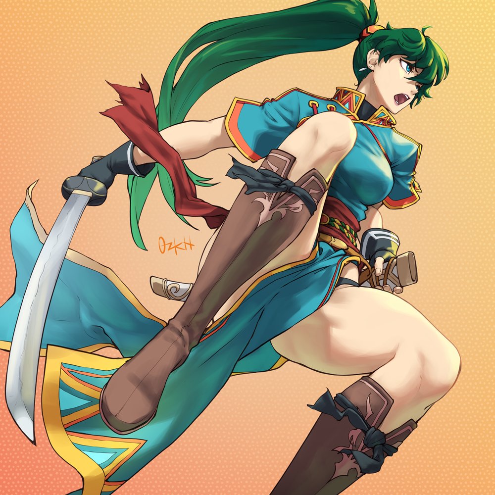 1girl black_hair black_panties blue_dress blue_eyes boots breasts dress earrings fire_emblem fire_emblem:_the_blazing_blade green_hair holding holding_sword holding_weapon jewelry lyn_(fire_emblem) open_mouth ozkh panties ponytail sash sheath solo sword teeth underwear weapon
