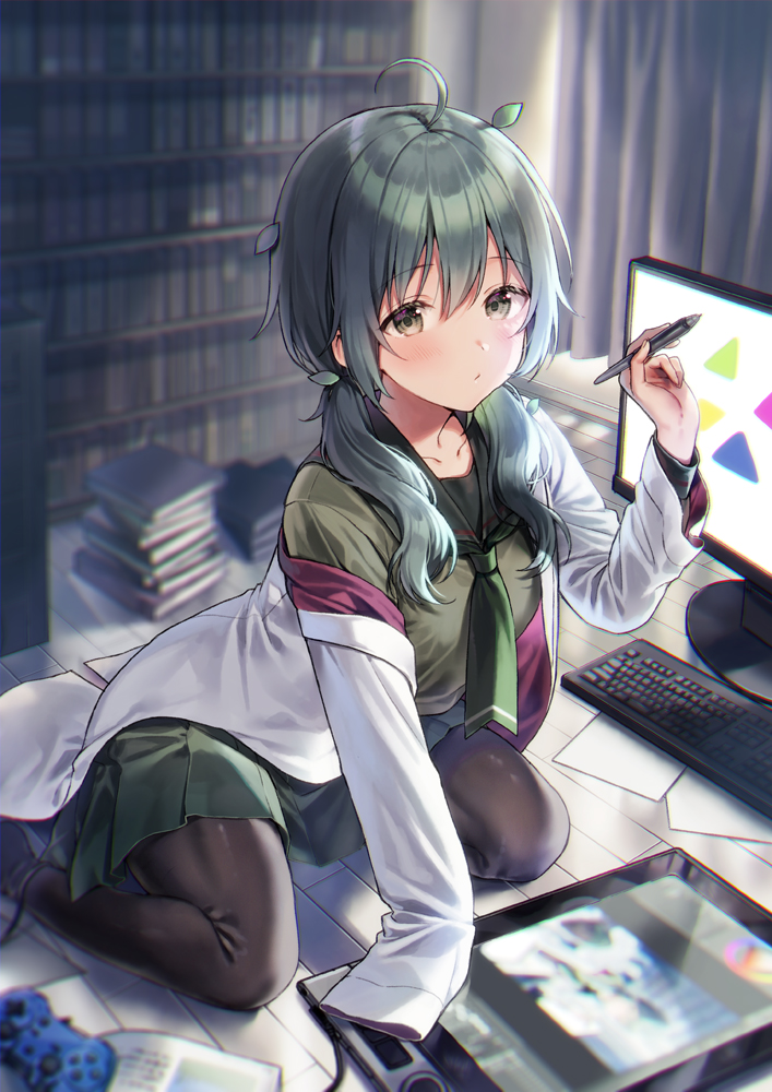 1girl ahoge bangs black_legwear blurry blurry_background book book_stack bookshelf brown_eyes closed_mouth commentary_request controller curtains depth_of_field drawing_tablet eyebrows_visible_through_hair feet_out_of_frame game_controller green_hair green_neckwear green_sailor_collar green_serafuku green_shirt green_skirt hair_between_eyes hair_over_shoulder hand_up holding holding_stylus indoors keyboard_(computer) labcoat long_hair long_sleeves looking_at_viewer low_twintails midorikawa_you monitor off_shoulder on_floor open_clothes original pantyhose pleated_skirt sailor_collar school_uniform serafuku shirt skirt sleeves_past_fingers sleeves_past_wrists solo stylus twintails wooden_floor