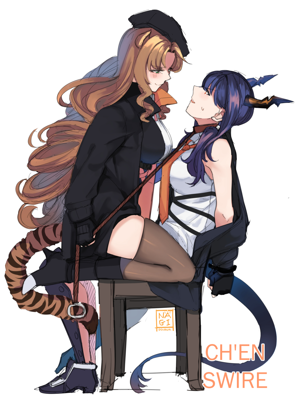 2girls animal_ears arknights artist_name bare_shoulders black_footwear black_gloves blonde_hair blue_hair blush bound bound_wrists brown_legwear ch'en_(arknights) chain collar commentary commission dragon_girl dragon_horns dragon_tail english_commentary eye_contact eyebrows_visible_through_hair face-to-face fingerless_gloves from_side gloves green_eyes hat highres hinagi_(fox_priest) holding holding_leash horns leash long_hair looking_at_another multiple_girls open_mouth profile red_eyes sitting smile sweat swire_(arknights) tail thigh-highs tiger_ears tiger_girl tiger_tail very_long_hair white_background yuri