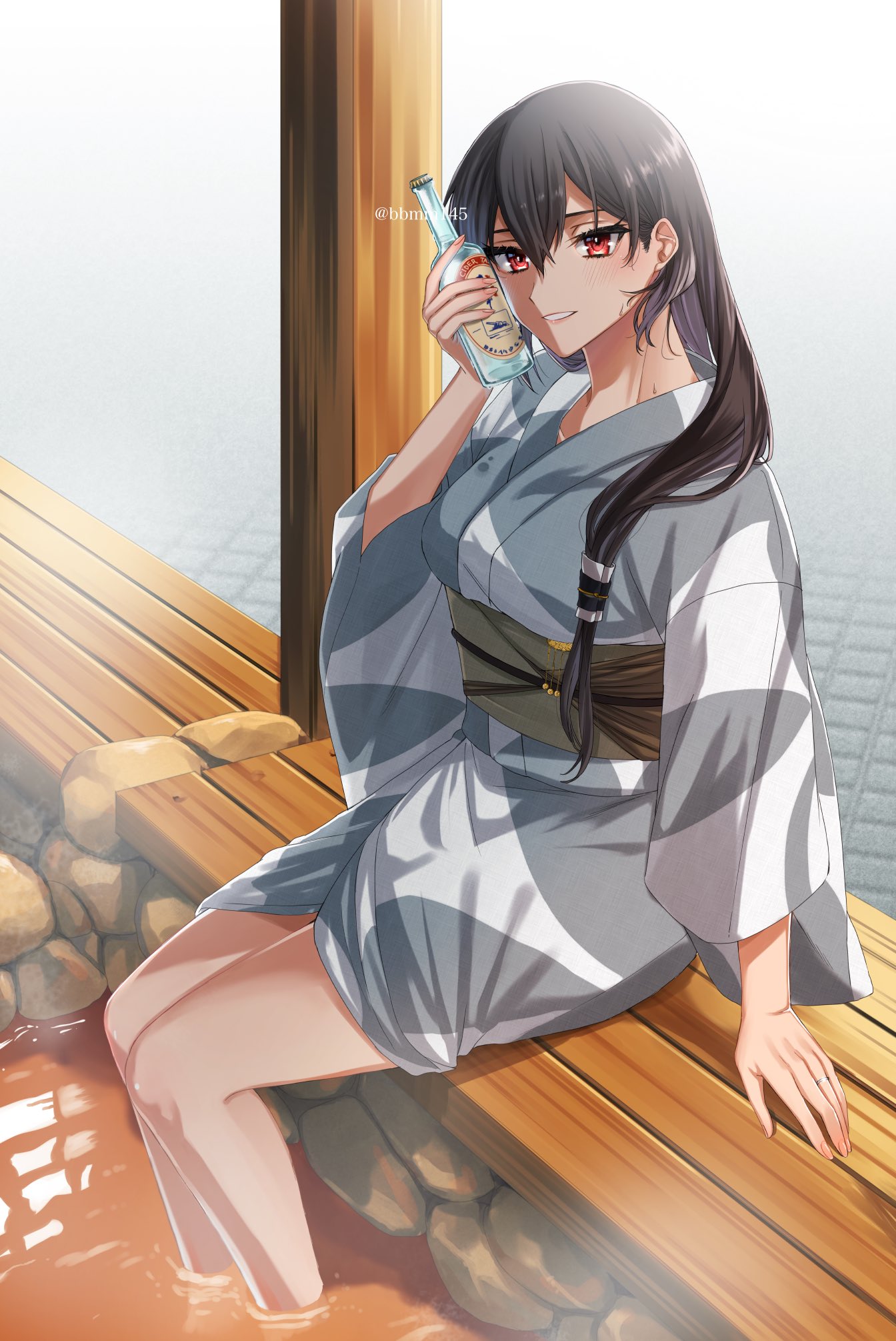 1girl alternate_costume alternate_hairstyle bench black_hair bottle_to_cheek commentary_request feet_out_of_frame hair_over_shoulder highres kantai_collection long_hair looking_at_viewer machi_(ritovoyage) nagato_(kancolle) parted_lips red_eyes sitting soaking_feet solo veranda water