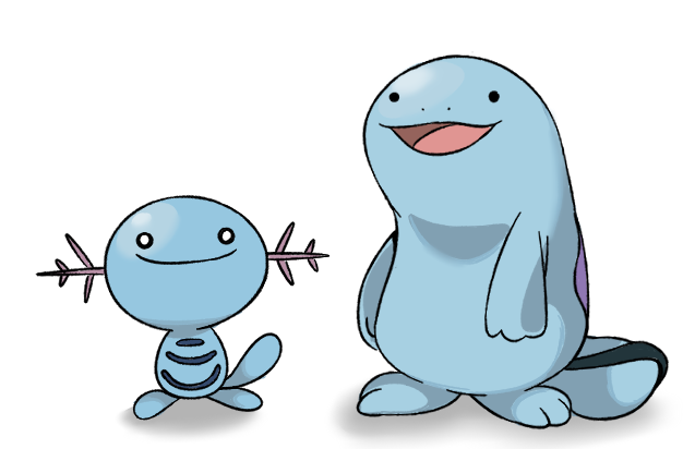 ._. :3 animal_focus black_eyes blank_eyes blue_theme closed_mouth full_body gen_2_pokemon happy no_humans open_mouth pokemon pokemon_(creature) quagsire simple_background smile standing vilepluff white_background wooper