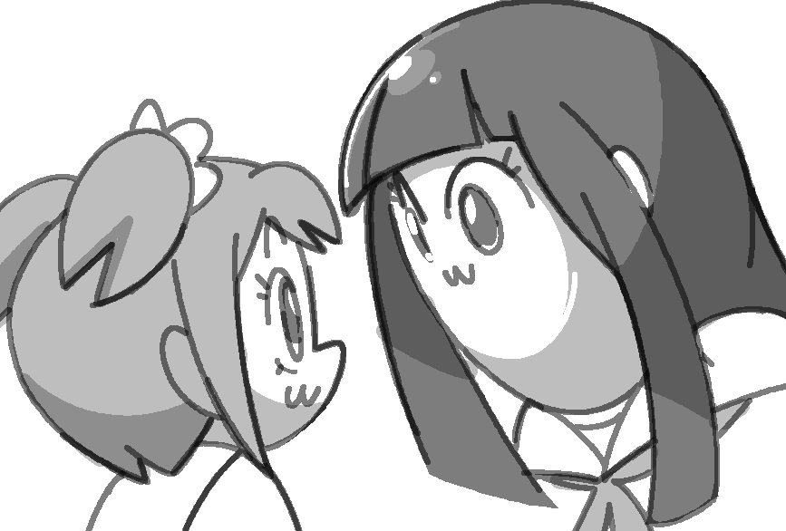 2girls :3 aliasing bangs blunt_bangs closed_mouth eye_contact from_side grey_theme greyscale hair_ornament hair_scrunchie hime_cut long_hair looking_at_another monochrome multiple_girls neckerchief pipimi poptepipic popuko scrunchie shiny shiny_hair short_hair sidelocks sideways_mouth simple_background sketch tied_hair two_side_up upper_body vilepluff white_background