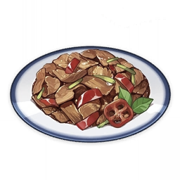 artist_request bell_pepper commentary english_commentary food food_focus genshin_impact leaf lowres meat muted_color no_humans official_art pepper plate still_life third-party_source transparent_background