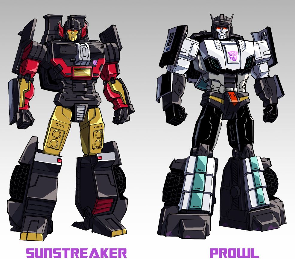 2boys autobot casey_w._coller character_name clenched_hands collaboration dyemooch english_commentary gradient gradient_background looking_at_viewer mecha multiple_boys no_humans prowl red_eyes science_fiction sunstreaker transformers transformers_shattered_glass v-fin