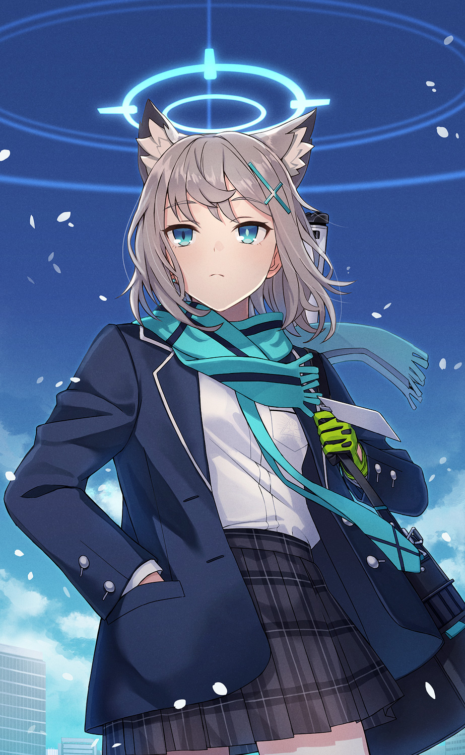 1girl animal_ear_fluff animal_ears bag blue_archive blue_background blue_eyes blue_jacket blue_scarf closed_mouth copyright_request cowboy_shot cross_hair_ornament earrings expressionless gloves green_gloves grey_hair grey_skirt hair_ornament hairclip halo hand_up hands_in_pockets highres itou_(onsoku_tassha) jacket jewelry looking_at_viewer medium_hair miniskirt mismatched_pupils open_clothes open_jacket outdoors pleated_skirt scarf shiroko_(blue_archive) shirt shoulder_bag single_glove skirt solo standing white_shirt