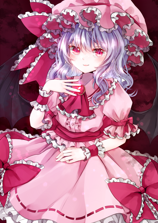 bat_wings brooch commentary_request eyebrows_visible_through_hair frilled_cuffs frilled_hat frilled_shirt frilled_shirt_collar frilled_skirt frilled_sleeves frills hand_on_own_chest hand_on_own_leg hat jaku_sono jewelry light_purple_hair looking_at_viewer medium_hair mob_cap pink_eyes puffy_short_sleeves puffy_sleeves purple_shirt purple_skirt remilia_scarlet ribbon-trimmed_skirt ribbon_trim shirt short_sleeves skirt skirt_set touhou wings wrist_cuffs