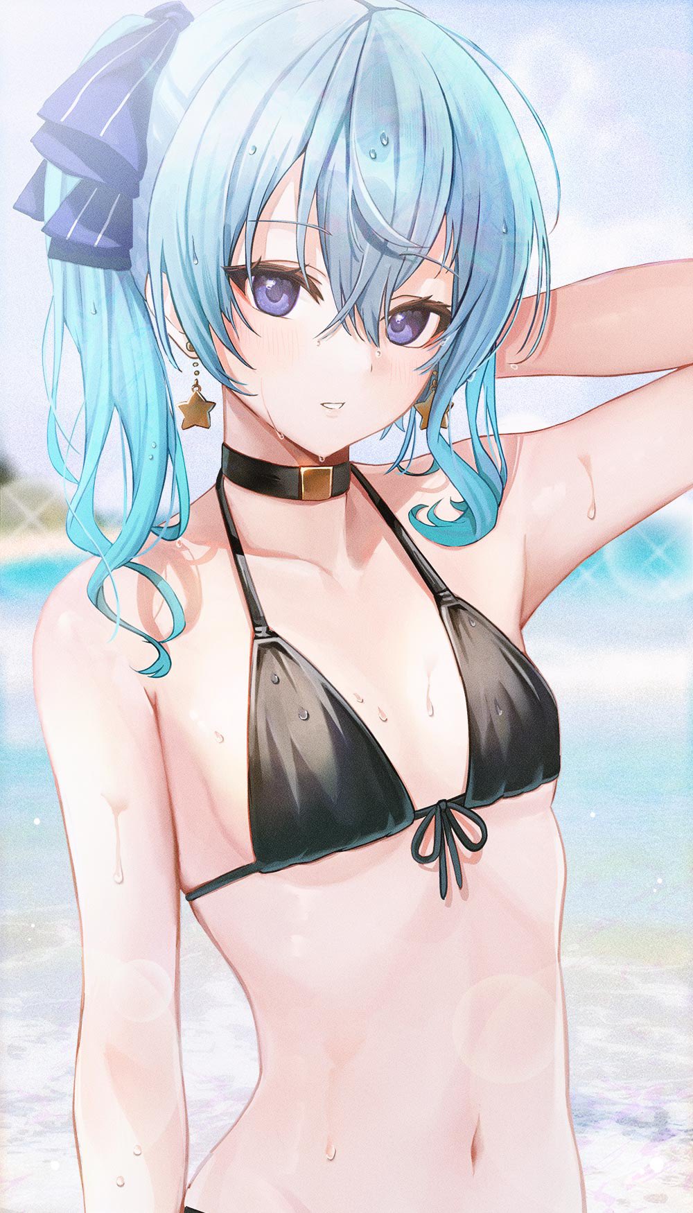 1girl arm_behind_head arm_up bangs bare_arms bare_shoulders beach bikini bikini_top black_bikini black_choker black_swimsuit blue_eyes blue_hair blue_ribbon blurry blurry_background breasts choker collarbone earrings flat_chest front-tie_bikini front-tie_top hair_between_eyes hair_ribbon halterneck highres hololive hoshimachi_suisei jewelry light_blush looking_at_viewer ocean outdoors parted_lips ponytail ribbon sanada_keisui side_ponytail sidelocks small_breasts solo star_(symbol) star_earrings swimsuit under_boob upper_body virtual_youtuber water wet wet_clothes wet_hair wet_swimsuit