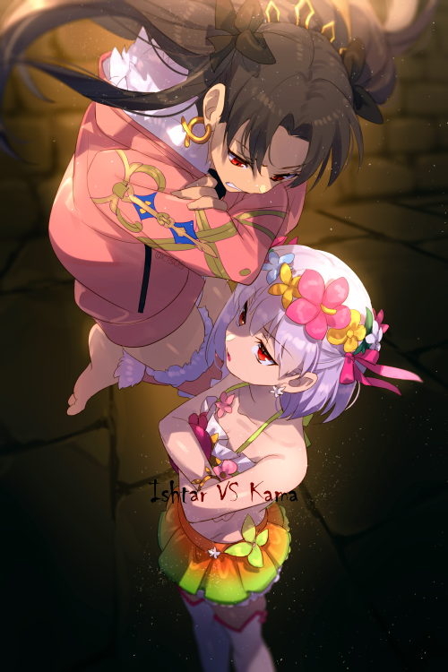 2girls bangs bare_shoulders bikini black_hair breasts character_name collarbone crossed_arms earrings echo_(circa) fate/grand_order fate_(series) floating flower_wreath fur-trimmed_hood fur-trimmed_legwear fur_trim green_bikini hair_ribbon head_wreath hood hoop_earrings ishtar_(fate)_(all) ishtar_(swimsuit_rider)_(fate) jacket jewelry kama_(fate) kama_(swimsuit_avenger)_(fate) long_hair long_sleeves looking_at_another medium_breasts miniskirt multiple_girls open_mouth parted_bangs pink_jacket pink_legwear rainbow_skirt red_eyes ribbon short_hair silver_hair single_thighhigh skirt small_breasts swimsuit thigh-highs thighs tiara two_side_up white_legwear