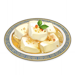 almond_tofu_(genshin_impact) artist_request commentary english_commentary food food_focus genshin_impact leaf lowres mint no_humans official_art plate still_life third-party_source tofu transparent_background