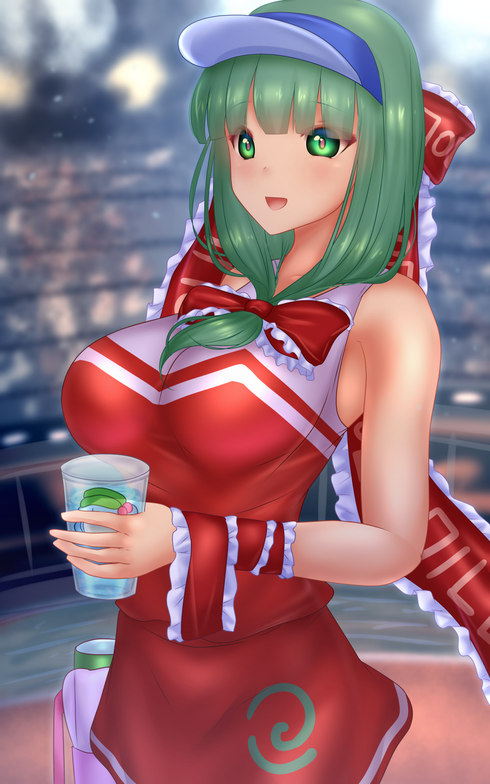 1girl :d alternate_costume arm_ribbon bangs blue_headwear blunt_bangs blurry blurry_background bow breasts cheerleader cowboy_shot cup eyebrows_visible_through_hair frilled_bow frilled_ribbon frills green_eyes green_hair hair_bow hair_ribbon highres holding holding_cup kagiyama_hina kawashiro_nitori large_breasts medium_hair open_mouth red_bow red_ribbon red_skirt red_tank_top ribbon shounen_(hogehoge) skirt sleeveless smile solo standing tank_top touhou touhou_lost_word visor_cap