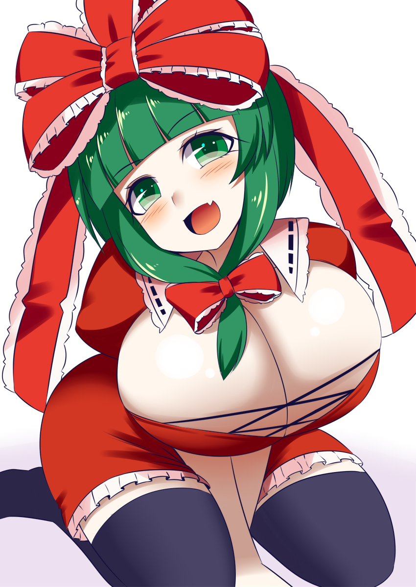 1girl bangs bow breasts dress frilled_dress frilled_ribbon frilled_sleeves frills front_ponytail green_eyes green_hair hair_bow hair_ribbon highres kagiyama_hina large_breasts long_dress medium_hair puffy_short_sleeves puffy_sleeves red_dress red_ribbon ribbon short_sleeves solo touhou xialu_zajin