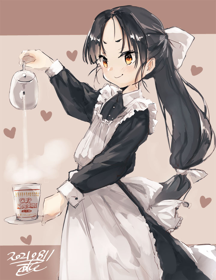 1girl alternate_costume alternate_hairstyle apron black_dress black_hair brown_eyes commentary_request cowboy_shot cup_noodle dated decantering dress enmaided frilled_apron frills high_ponytail kantai_collection long_hair looking_at_viewer low-tied_long_hair maid multi-tied_hair nisshin_(kancolle) nissin object_namesake one-hour_drawing_challenge ponytail ramen short_eyebrows signature smile solo teapot thick_eyebrows toka_(marchlizard) very_long_hair white_apron