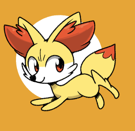 animal_focus closed_mouth fennekin from_side full_body gen_6_pokemon happy jumping looking_back no_humans orange_background pokemon pokemon_(creature) red_eyes simple_background smile solo two-tone_background vilepluff