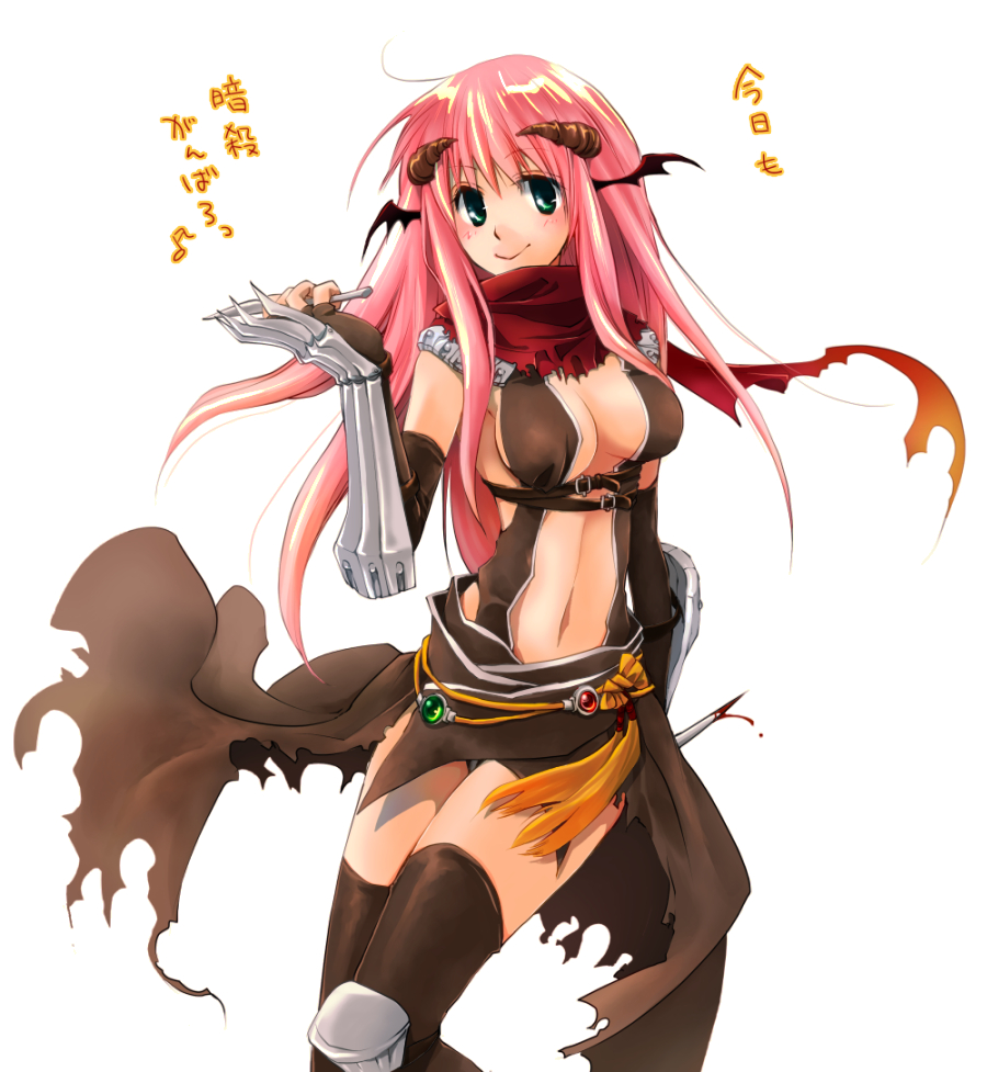 1girl armor assassin_cross_(ragnarok_online) bangs bat_wings black_cape black_gloves black_legwear black_leotard black_wings blood blood_on_weapon blush breasts cape closed_mouth commentary_request dagger demon_horns dual_wielding elbow_gloves feet_out_of_frame fingerless_gloves gloves green_eyes hair_between_eyes head_wings holding holding_dagger holding_weapon horns kainohito kneehighs knife leotard long_hair looking_at_viewer medium_breasts navel pauldrons pink_hair ragnarok_online red_scarf scarf shoulder_armor simple_background smile solo torn_cape torn_clothes torn_scarf translation_request vambraces waist_cape weapon white_background wings