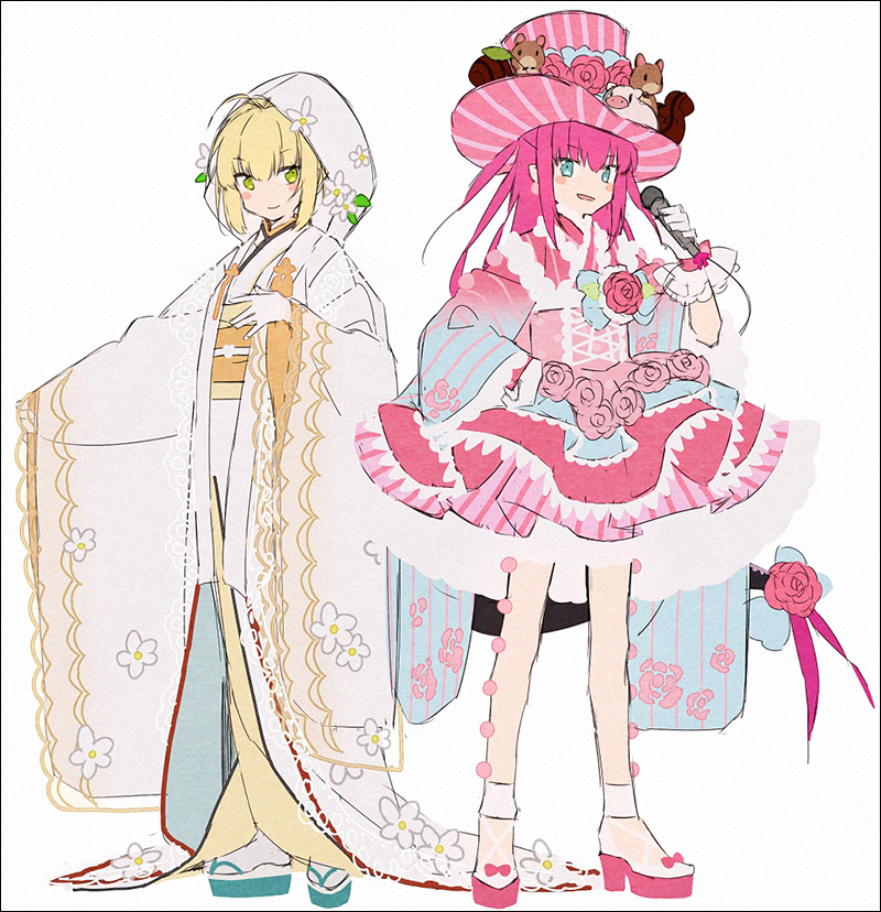 2girls ahoge alternate_costume aqua_footwear bangs blue_eyes corset elizabeth_bathory_(fate) elizabeth_bathory_(fate)_(all) fate/extra fate/extra_ccc fate/grand_order fate_(series) flower gloves gradient_kimono green_eyes hakusai_(tiahszld) hat high_heels holding holding_microphone japanese_clothes kimono lace-trimmed_kimono lace_trim layered_skirt long_hair long_sleeves microphone multiple_girls nero_claudius_(bride)_(fate) nero_claudius_(fate) obi obijime okobo pink_flower pink_footwear pink_hair pink_rose rose sash shiromuku shoes skirt striped striped_headwear tabi tail top_hat two_side_up uchikake very_long_hair white_gloves white_kimono white_legwear wide_sleeves yellow_sash