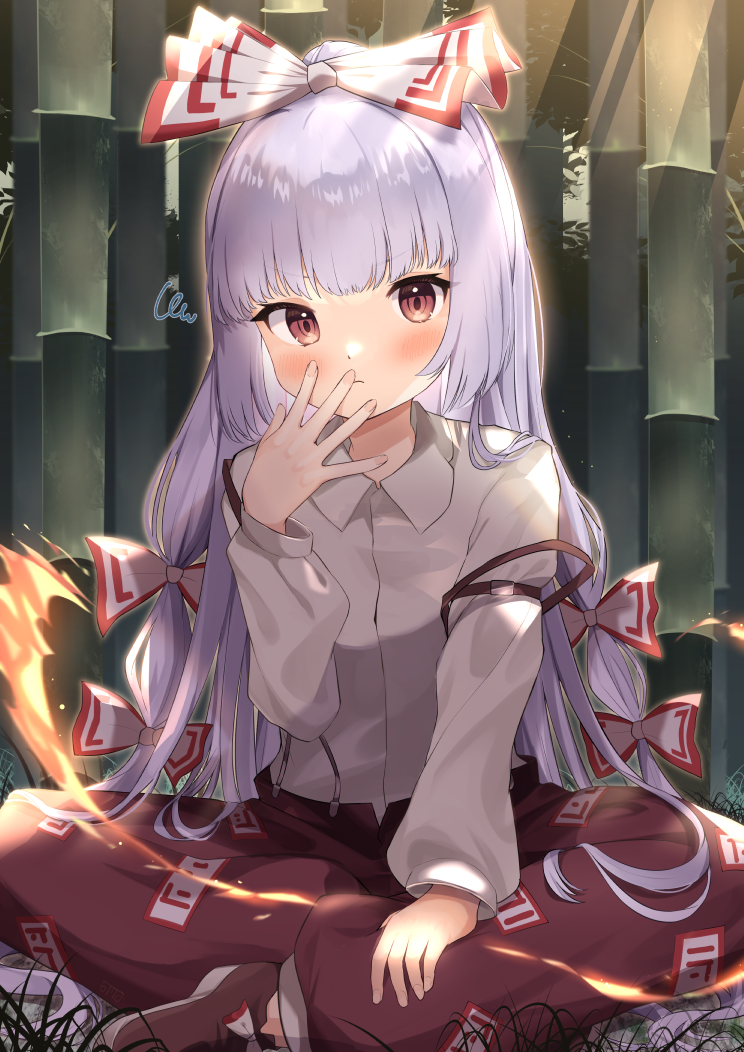 1girl bamboo bangs blunt_bangs blush bow breasts closed_mouth collared_shirt covering_mouth eyebrows_visible_through_hair fingernails fujiwara_no_mokou goma_(u_p) hair_bow hair_ribbon hand_over_own_mouth hand_up indian_style light_frown light_rays long_hair long_sleeves looking_at_viewer ofuda ofuda_on_clothes pants red_eyes red_pants ribbon shirt silver_hair sitting small_breasts solo squiggle touhou tress_ribbon v-shaped_eyebrows very_long_hair white_bow white_shirt wing_collar