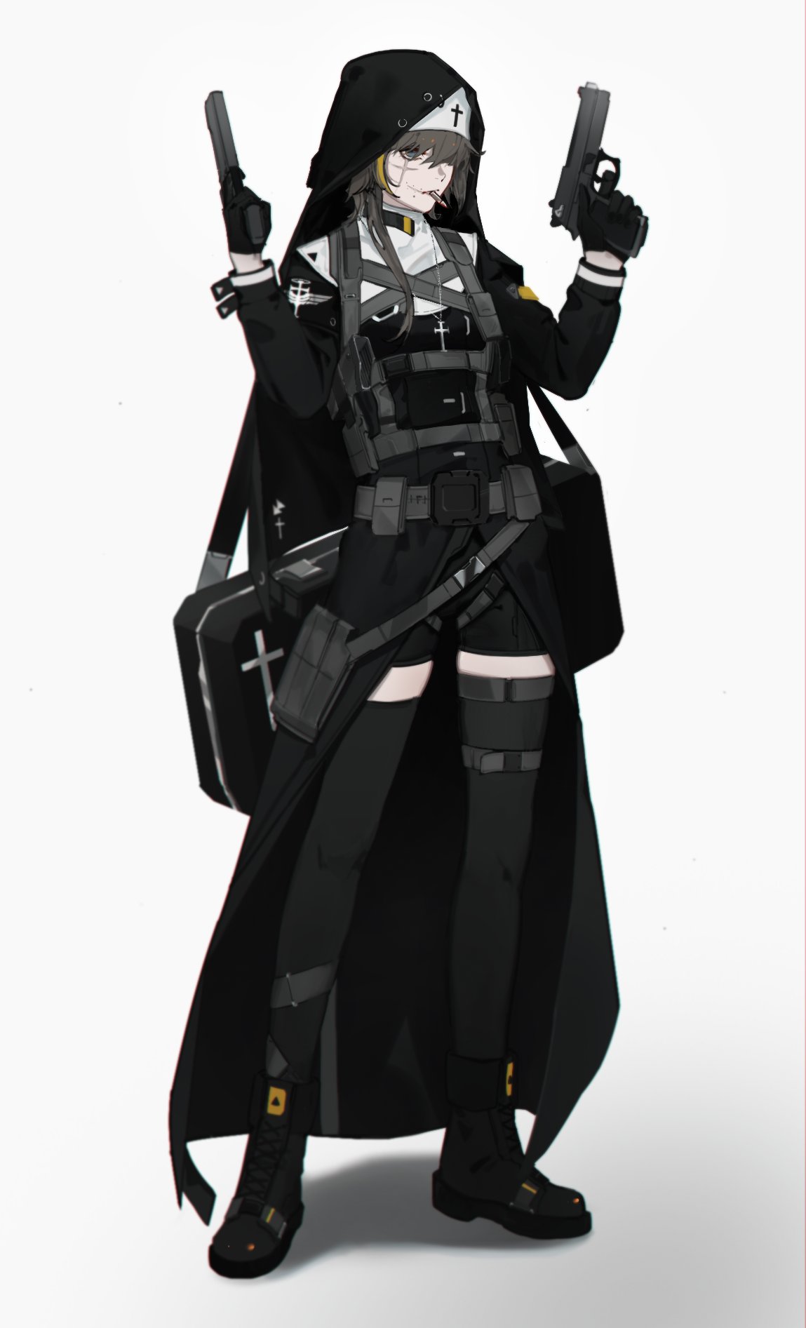 1girl blonde_hair boots bullet bullet_in_mouth cross cross_necklace cross_scar dual_wielding finger_on_trigger gloves grey_hair gun gun_case habit handgun harness highres holding holding_gun holding_weapon jewelry latin_cross multicolored_hair necklace nilzynox nun original scar scar_on_face shorts solo streaked_hair thigh-highs two-tone_hair weapon weapon_request