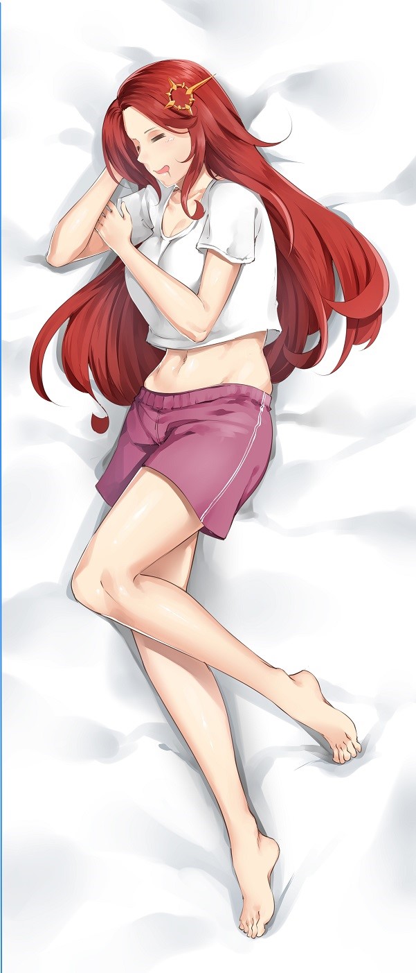 1girl barefoot bed_sheet breasts closed_eyes collarbone commission dakimakura_(medium) drooling from_above full_body hair_ornament highres large_breasts league_of_legends leona_(league_of_legends) long_hair lulu-chan92 lying midriff navel on_side open_mouth red_shorts redhead shiny shiny_hair shirt short_shorts shorts sleeping solo stomach t-shirt very_long_hair white_shirt