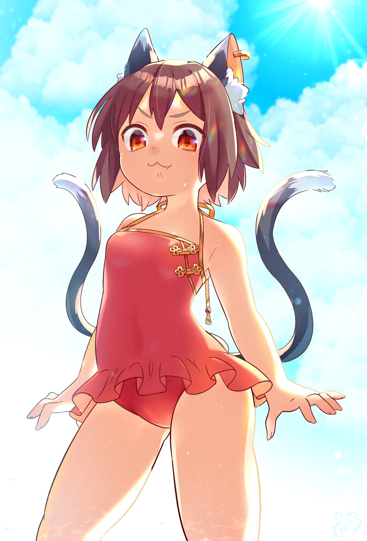 1girl :3 alternate_costume animal_ears bangs blue_sky brown_hair cat_ears cat_tail chen closed_mouth clouds earrings fang feet_out_of_frame highres ibaraki_natou jewelry looking_at_viewer multiple_tails nekomata no_hat no_headwear one-piece_swimsuit outdoors red_eyes red_swimsuit short_hair single_earring sky smile solo standing sun swimsuit tail touhou two_tails v-shaped_eyebrows