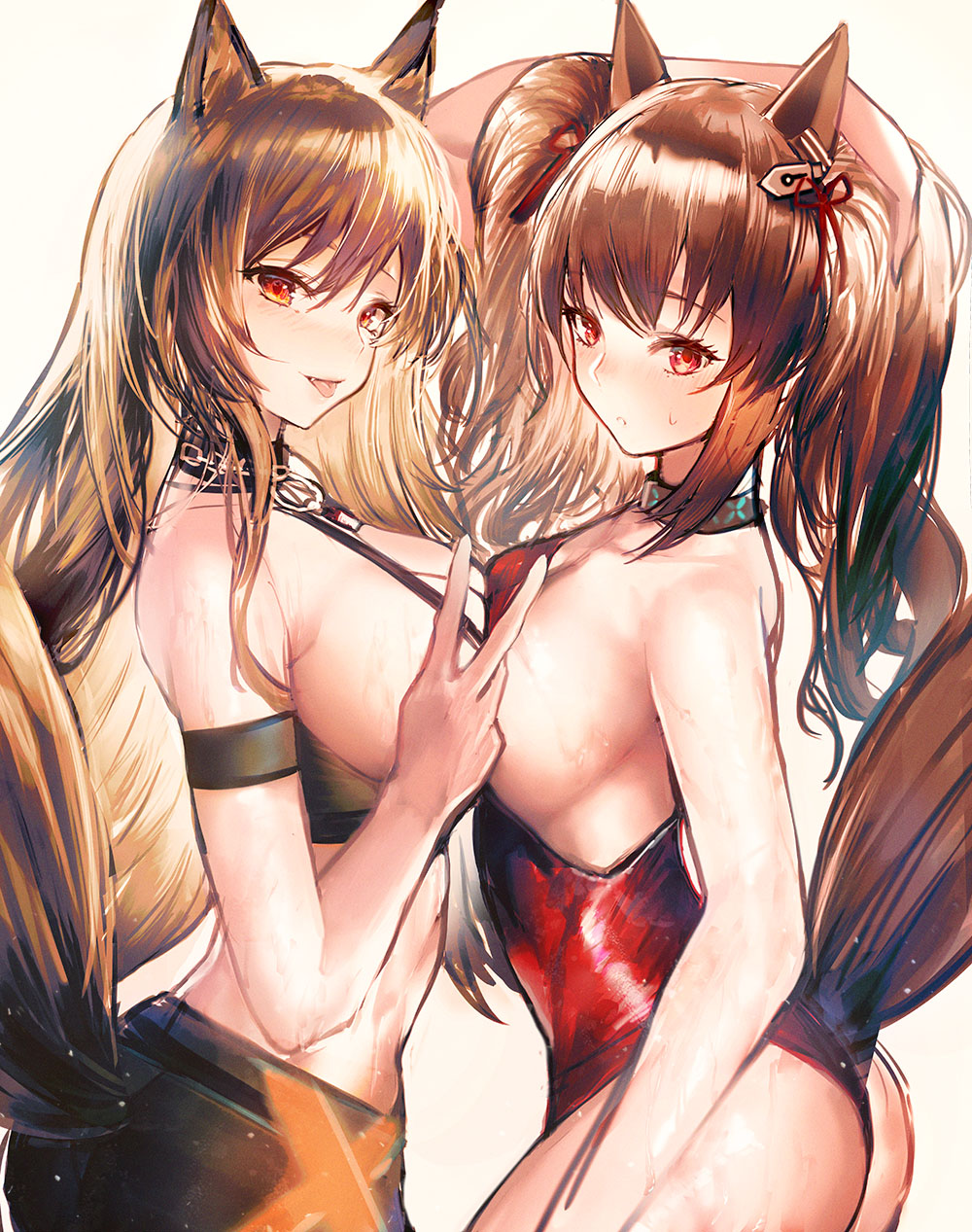 2girls :o :p angelina_(summer_flowers)_(arknights) animal_ear_fluff animal_ears apraxia arknights arm_strap arm_up ass bare_arms bare_shoulders blonde_hair blush breast_press breasts brown_hair casual_one-piece_swimsuit ceobe_(arknights) collarbone fang fox_ears fox_girl fox_tail from_side hair_ribbon hand_in_hair highres infection_monitor_(arknights) large_breasts long_hair looking_at_viewer looking_to_the_side multiple_girls one-piece_swimsuit parted_lips red_eyes red_ribbon red_swimsuit ribbon sideboob simple_background smile swimsuit symmetrical_docking tail tongue tongue_out twintails v white_background