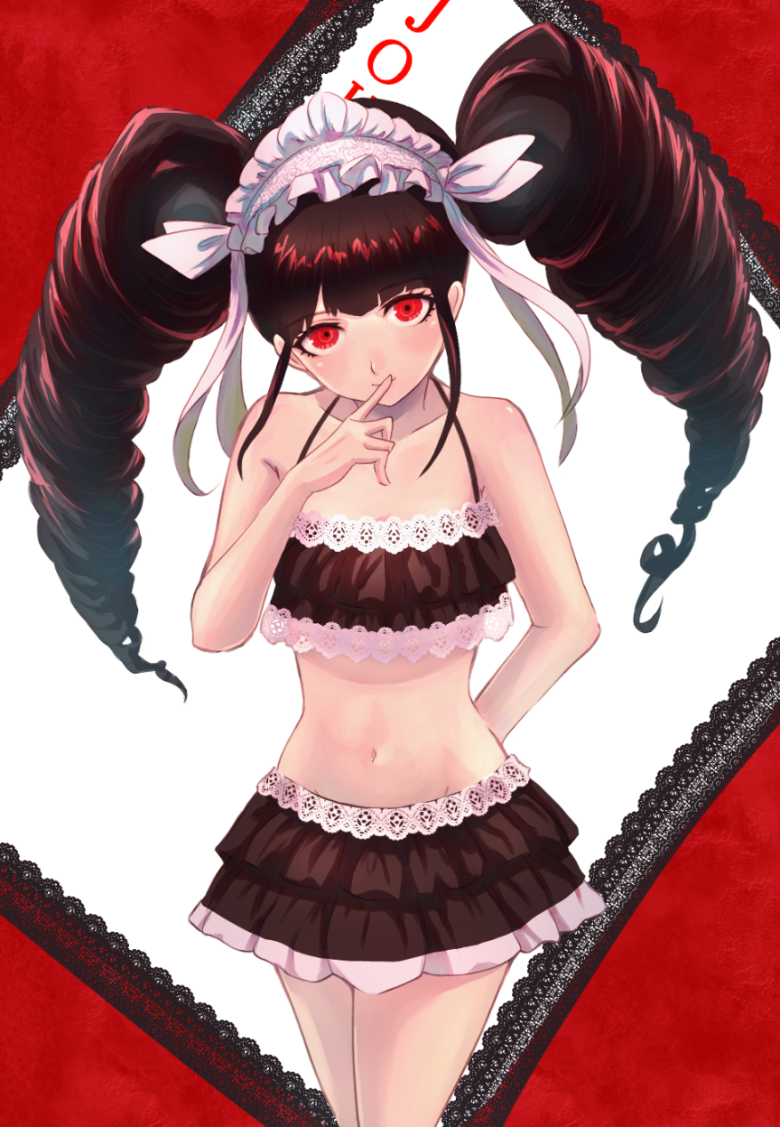 1girl arm_behind_back bangs bare_arms bare_shoulders bikini black_bikini black_hair brown_hair card celestia_ludenberg collarbone commentary_request cowboy_shot dangan_ronpa:_trigger_happy_havoc dangan_ronpa_(series) dangan_ronpa_s:_ultimate_summer_camp drill_hair eyebrows_visible_through_hair frills hand_up highres index_finger_raised joker_(card) lace lace-trimmed_bikini lace_trim layered_bikini long_hair looking_at_viewer multicolored multicolored_background navel official_alternate_costume playing_card red_background red_eyes redhead riou_(pooh920) shiny shiny_hair smile solo stomach swimsuit twin_drills twintails white_background