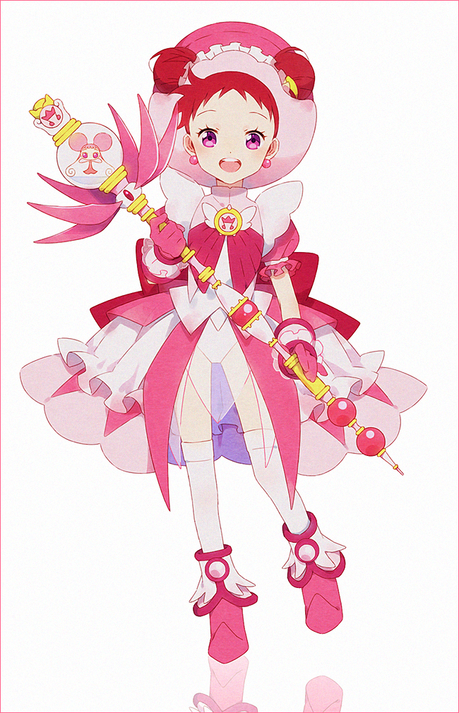 1girl boots border dodo_(ojamajo_doremi) double_bun dress earrings gloves hakusai_(tiahszld) harukaze_doremi hat holding holding_staff jewelry magical_girl ojamajo_doremi pink_border pink_dress pink_eyes pink_footwear pink_gloves pink_headwear puffy_short_sleeves puffy_sleeves redhead short_bangs short_sleeves smile solo staff