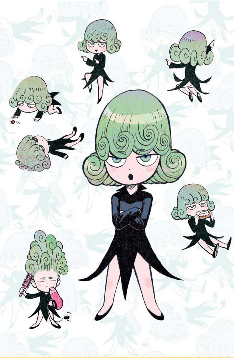 1girl bare_legs chibi comb crossed_arms curly_hair dress eating eyebrows_visible_through_hair eyes_visible_through_hair floating_hair green_eyes green_hair hair_dryer highres long_sleeves lying multiple_girls multiple_views murata_yuusuke on_back one-punch_man one_(style) pelvic_curtain standing tatsumaki