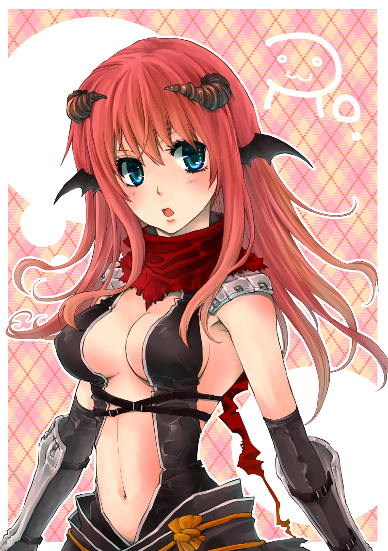 1girl :3 armor assassin_cross_(ragnarok_online) bangs bat_wings black_gloves black_leotard black_wings blue_eyes blush border breasts commentary demon_horns elbow_gloves gloves hair_between_eyes head_wings horns kainohito leotard long_hair looking_to_the_side medium_breasts navel open_mouth pauldrons pink_background plaid plaid_background ragnarok_online red_scarf redhead revealing_clothes scarf shoulder_armor solo torn_scarf upper_body vambraces white_border wings