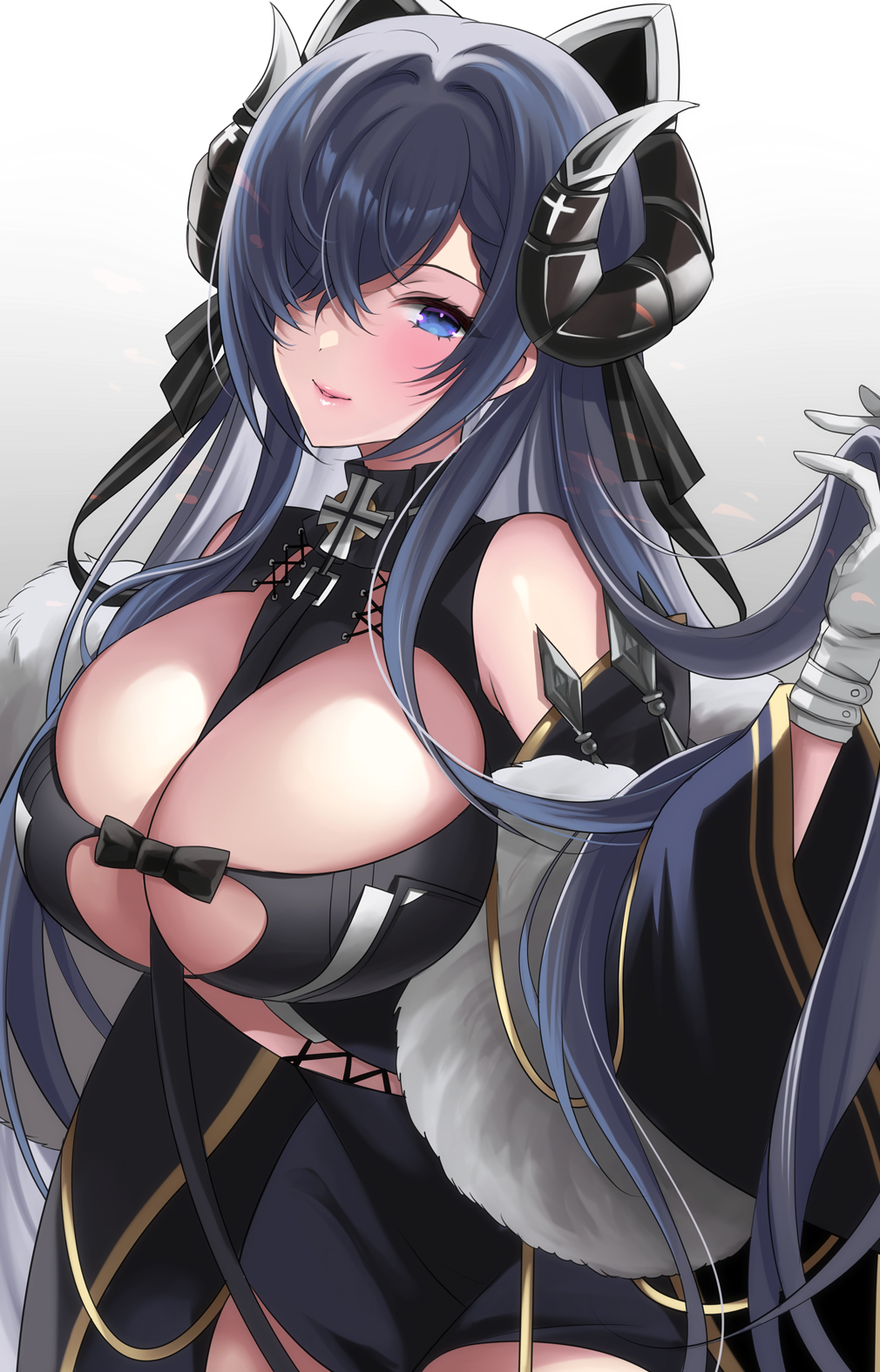 1girl august_von_parseval_(azur_lane) azur_lane between_breasts black_dress black_hair blue_eyes breasts brooch clothing_cutout curled_horns detached_sleeves dress gradient gradient_background grey_background highres horns iron_blood_(emblem) iron_cross jewelry large_breasts lips long_hair looking_at_viewer mechanical_horns one_eye_covered short_dress solo underboob_cutout wide_sleeves yukinimaru