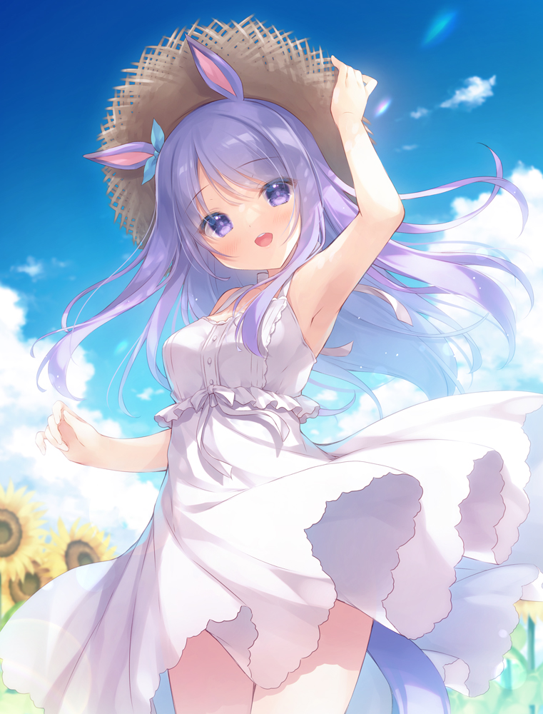 1girl :d arm_up armpits bangs bare_arms bare_shoulders blue_sky breasts brown_headwear clouds commentary_request day dress eyebrows_visible_through_hair flower hand_on_headwear hat long_hair looking_at_viewer medium_breasts mejiro_mcqueen_(umamusume) open_mouth outdoors purple_hair sky sleeveless sleeveless_dress smile solo straw_hat sunflower umamusume upper_teeth very_long_hair violet_eyes white_dress yellow_flower yukie_(peach_candy)
