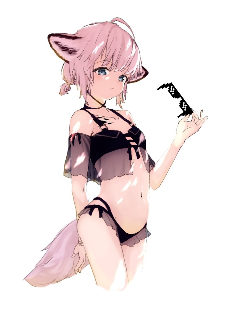 1girl ahoge animal_ears arknights bikini black_bikini blue_eyes brown_hair commentary cropped_legs fox_ears fox_girl fox_tail holding holding_eyewear looking_at_viewer navel oripathy_lesion_(arknights) s_f_hermes short_hair short_ponytail simple_background solo stomach sunglasses sussurro_(arknights) sussurro_(summer_flowers)_(arknights) swimsuit tail white_background